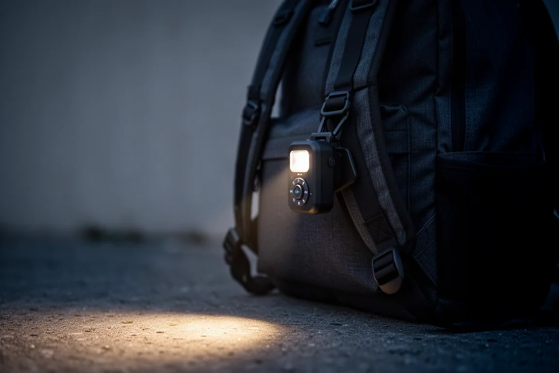 En liten ficklampa för nyckelringen klämd på en ryggsäcksrem i skumt ljus