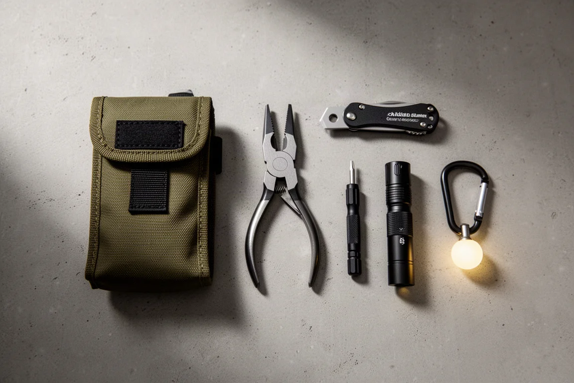 Flat-lay of everyday carry tools and pouches on a concrete surface