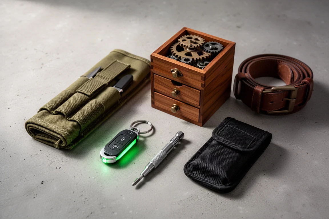 Flat-lay of EDC gifts including a knife roll, gear box, glowing fob, driver, pouch, and belt