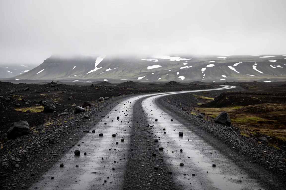 Våt grusväg som korsar mörk vulkanisk tundra under låga grå moln på Island