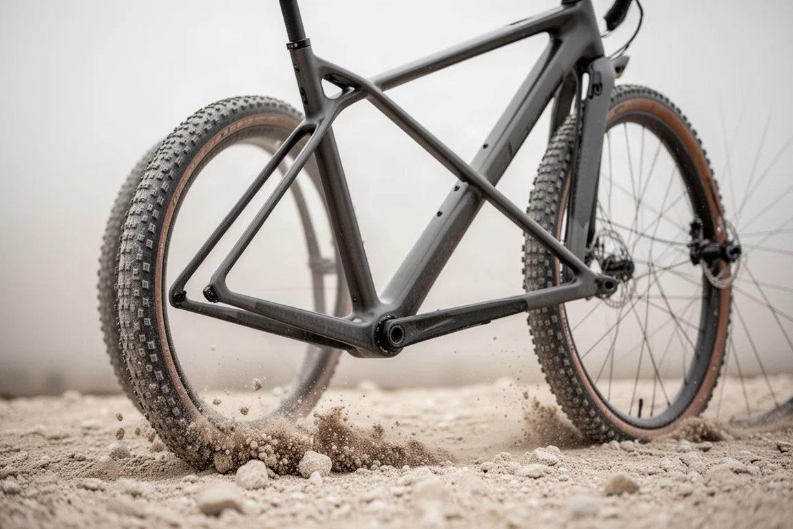 Baktriangel på en kolfibergravelcykel med brett mönstrat däck på lös grus