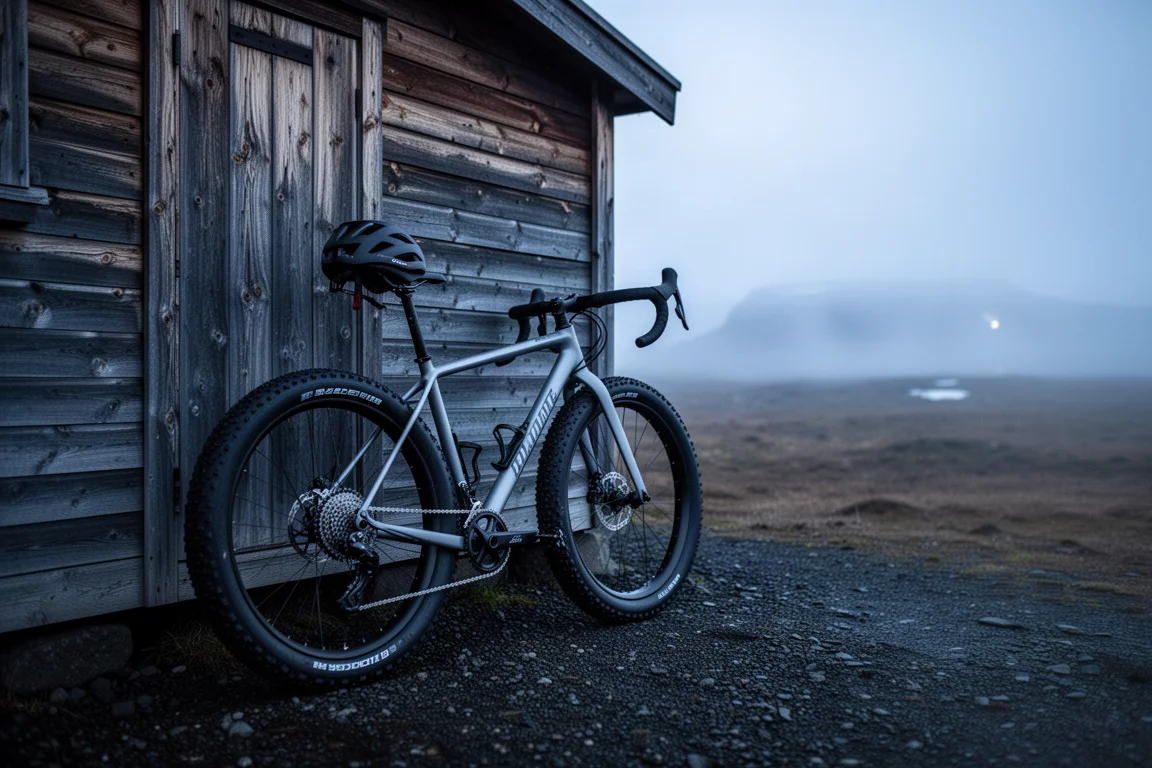Gravelcykel lutad mot en väderbiten timmervägg i skymningen på Island