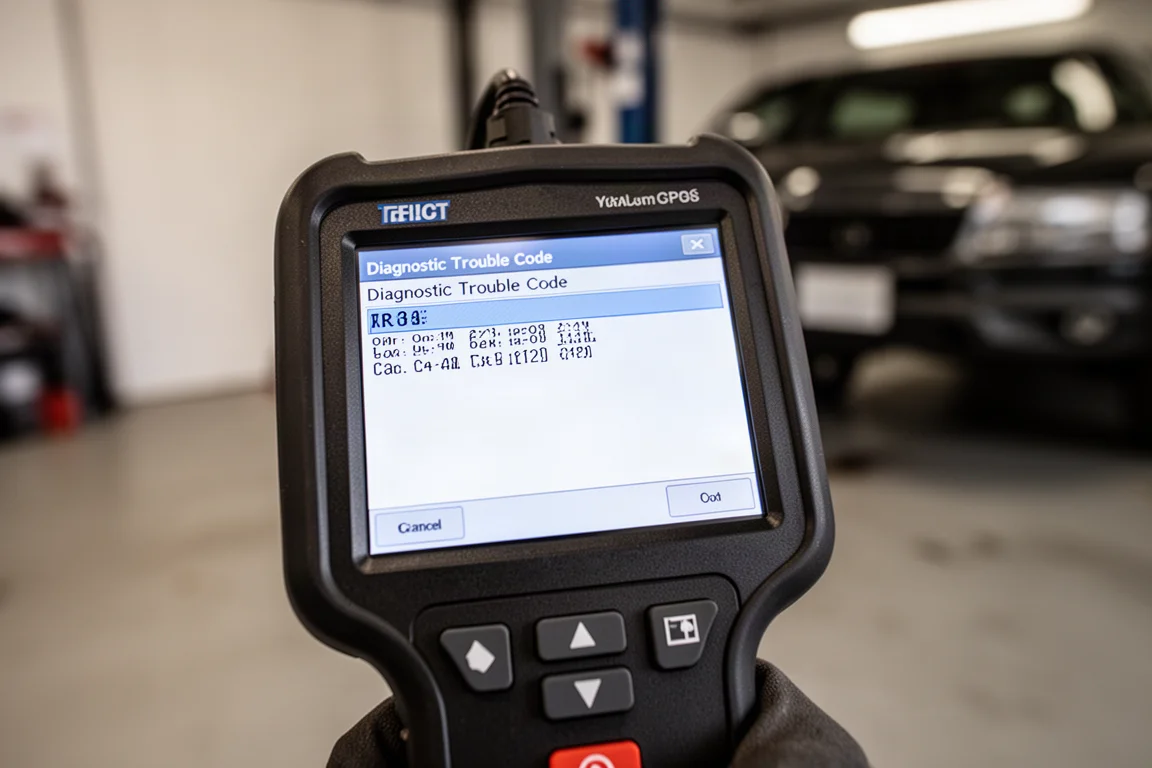 OBD2-Scanner zeigt einen diagnostischen Fehlercode auf seinem Touchscreen an