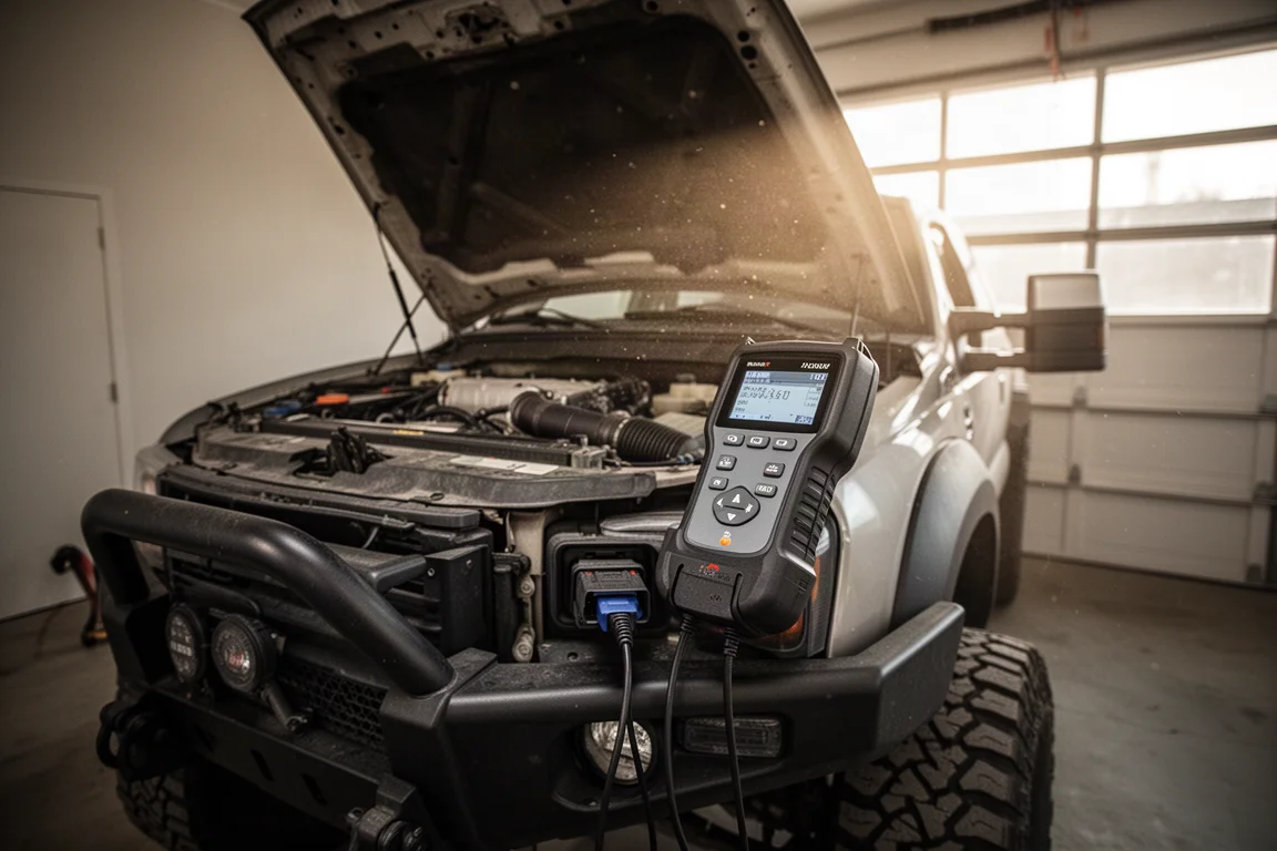 Motorraum eines Pickup-Trucks während einer Diagnoseprüfung