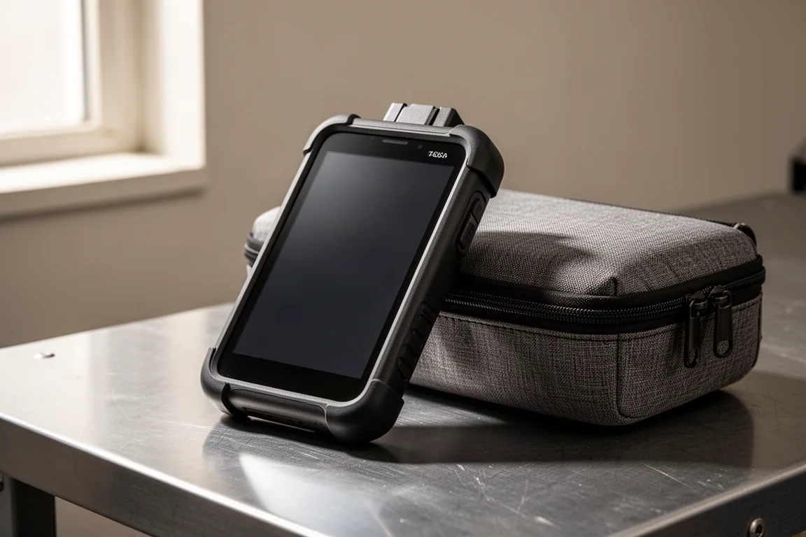 Handheld OBD2 diagnostic scanner with touchscreen and fabric carry case on a workbench