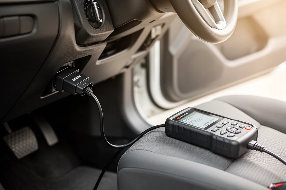 Diagnosegerät, verbunden mit dem OBD2-Anschluss eines Fahrzeugs unter dem Armaturenbrett