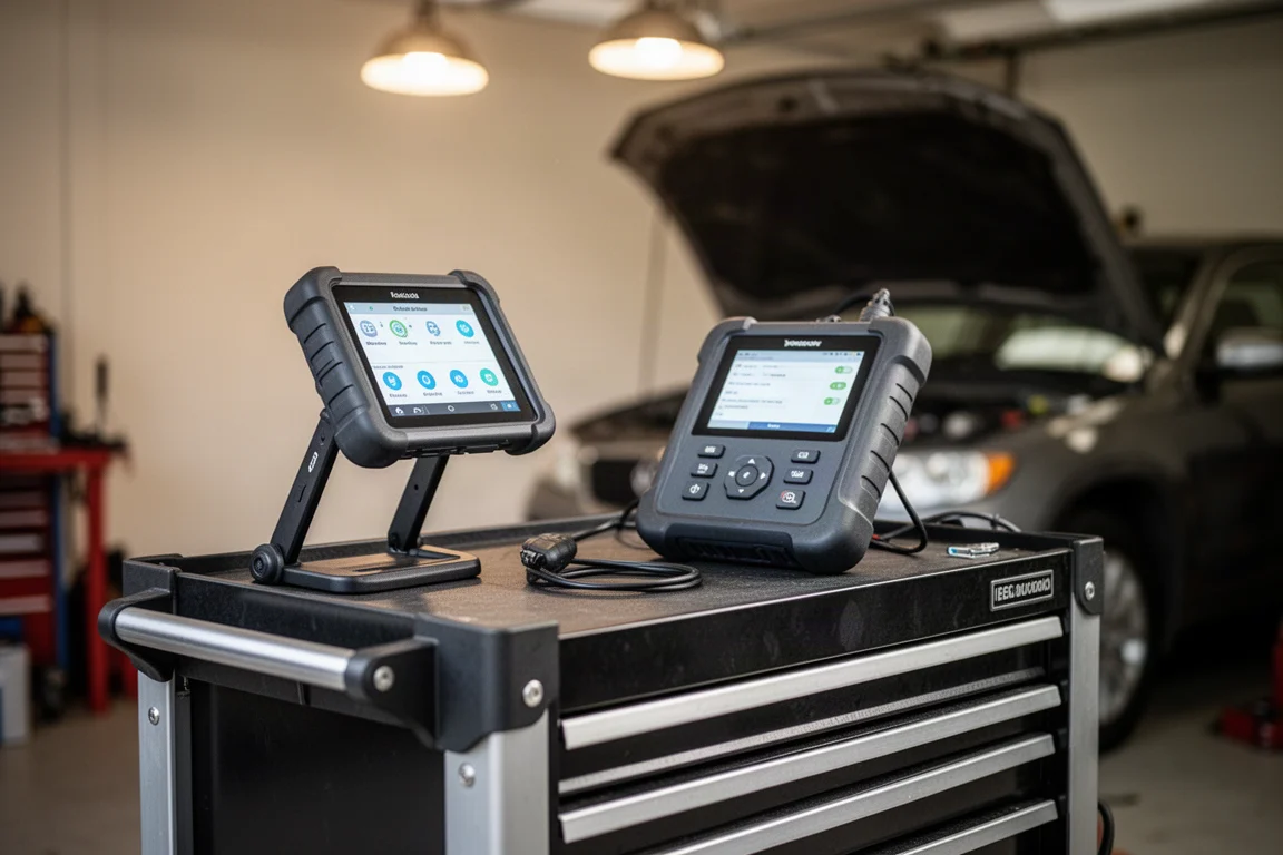 Mechaniker arbeitet in einer heimischen Garage mit einem Diagnosegerät mit Touchscreen
