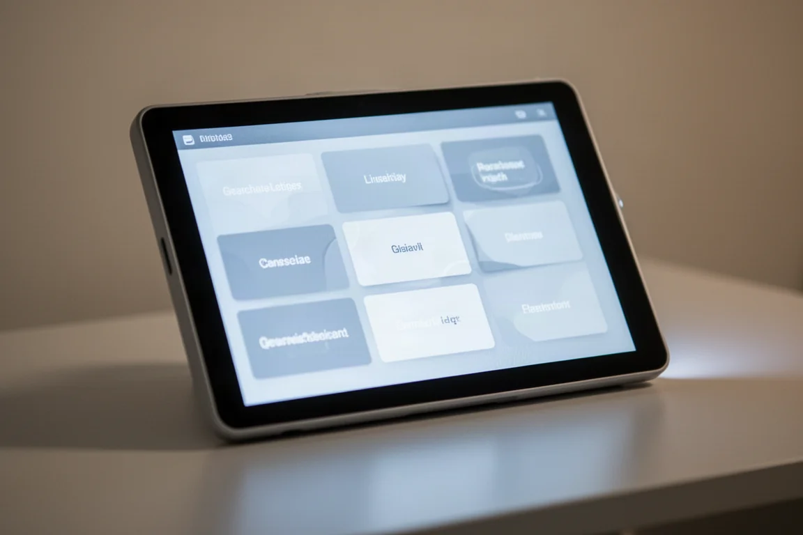 Display eines Diagnosegeräts mit Menüs für Servicefunktionen in einer Werkstatt