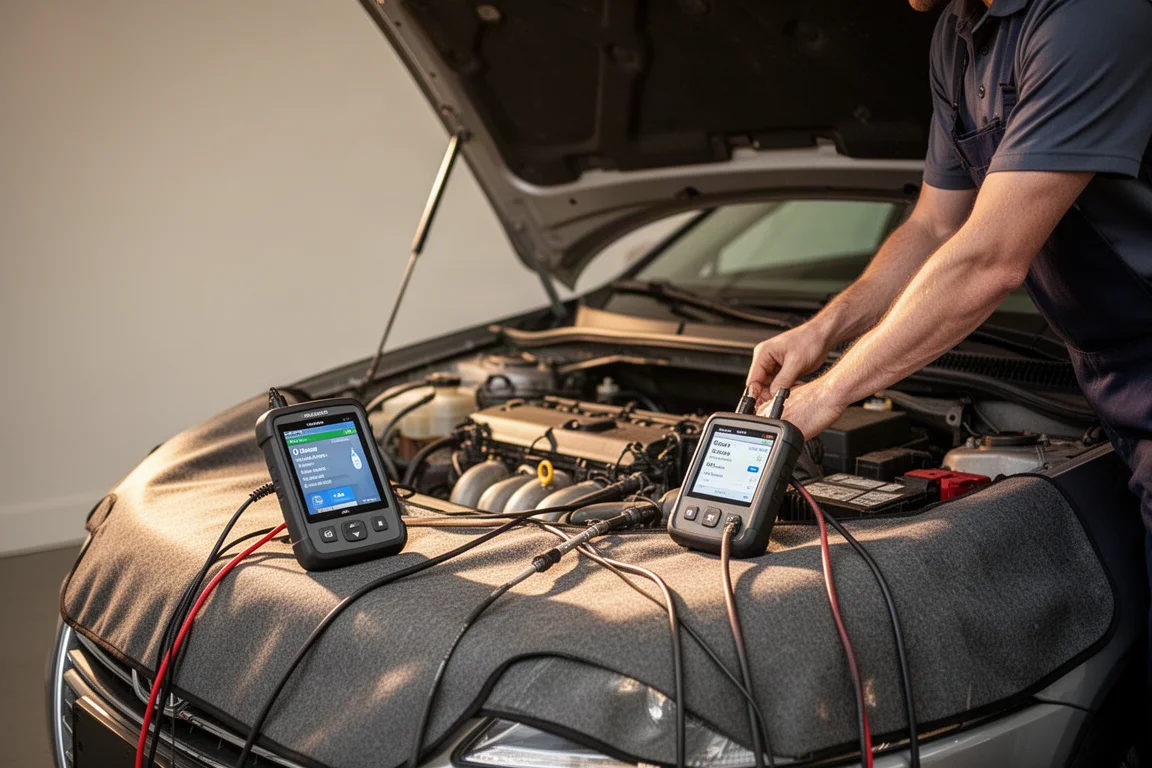 Heimwerker troubleshooting eines Fahrzeugmotors mit einem Diagnosegerät