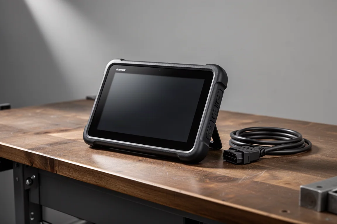 Launch CRP919X diagnostic scanner with kickstand on a wooden workbench