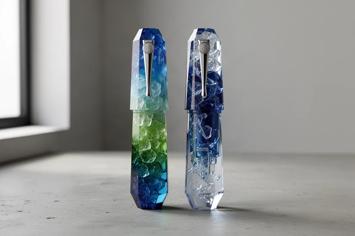 Launcher Kaleido Poetic Garden and Summer Sky fountain pens on a concrete surface