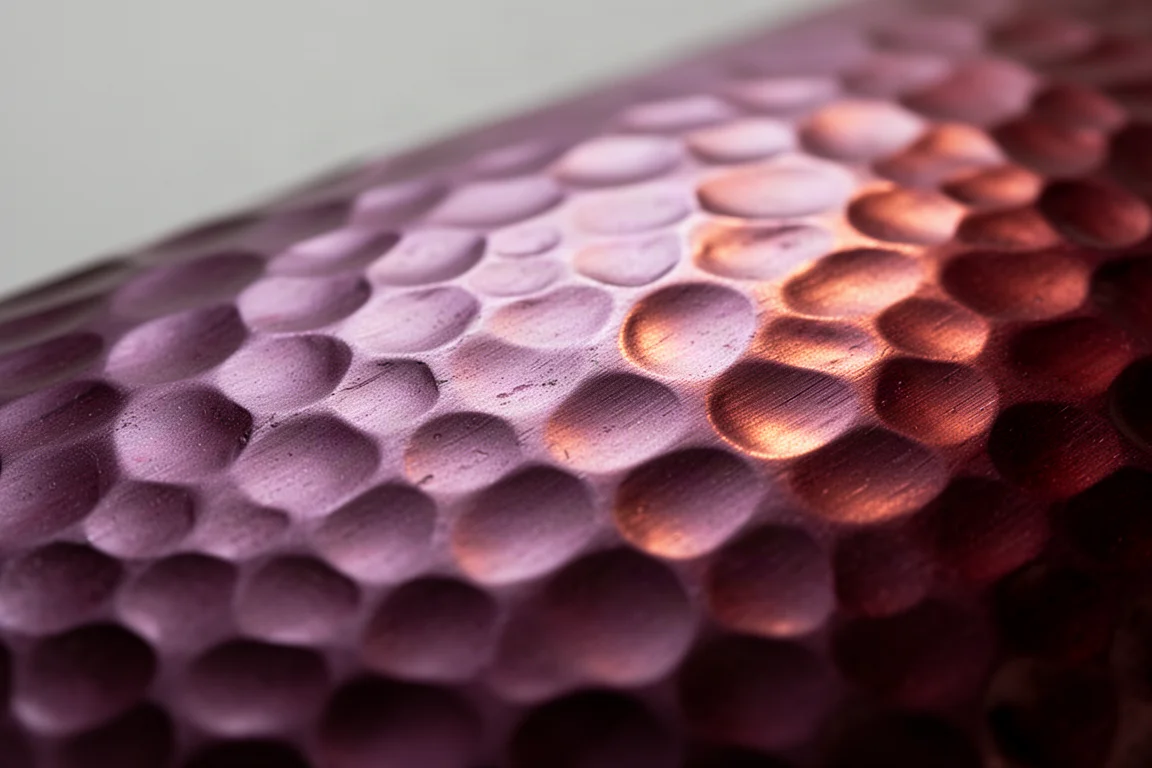 Nahaufnahme der gehämmerten Metalltextur im weichen Licht