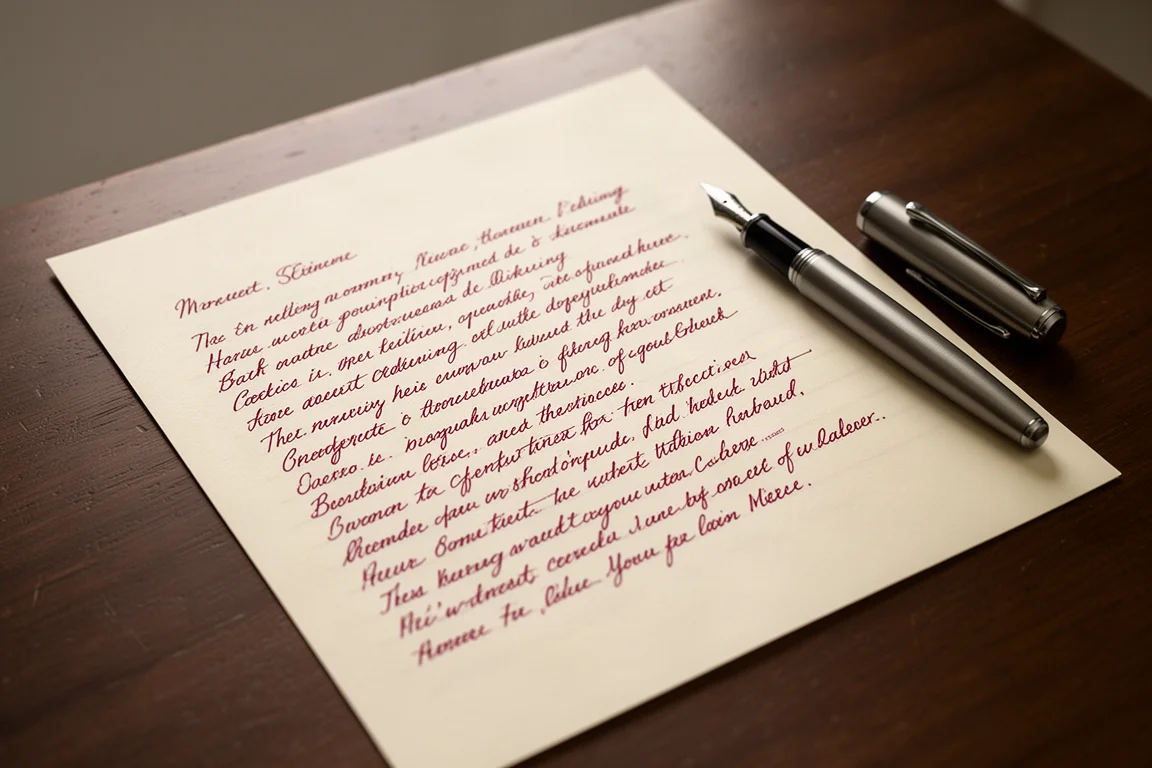 Handschriftliche Schreibprobe auf cremefarbenem Papier mit dunkelroter Tinte