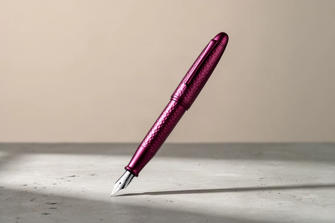 Purple-red hammered aluminum fountain pen on a matte concrete surface