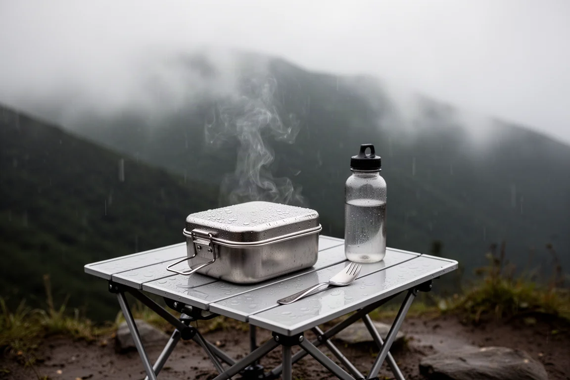 Steaming meal tray on a damp camp table under a rain tarp with misty forest behind