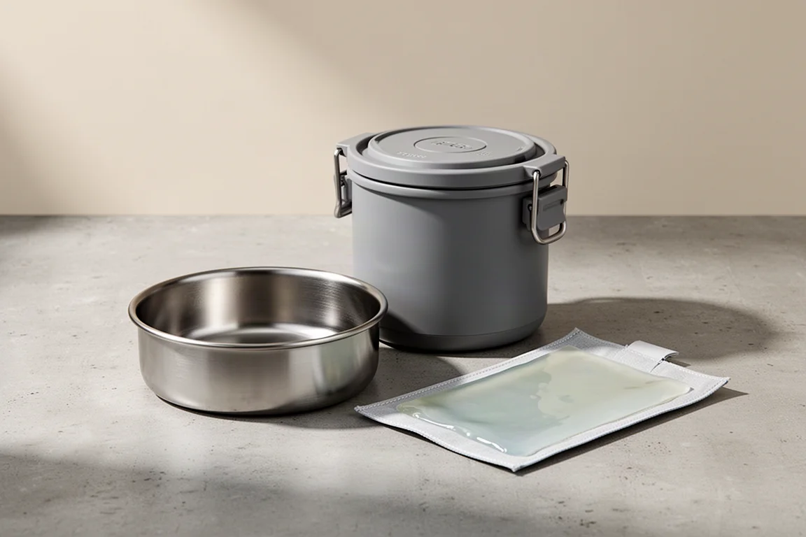 Flameless camp cooking kit with metal container, insert tray and heat pad on concrete