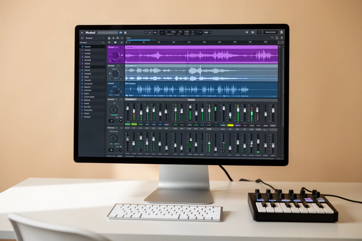 Modern music production studio desk with DAW monitor, MIDI keyboard, and studio monitors