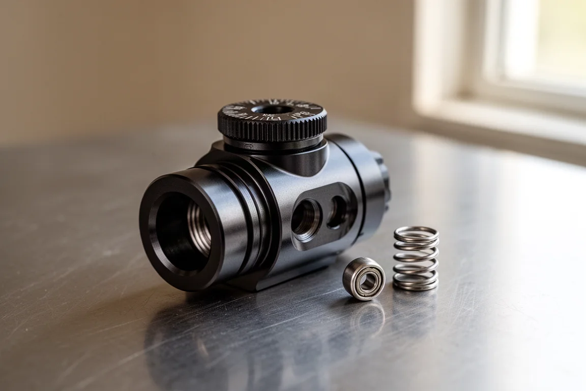 Camera hop-up rotativa Laylax Prometheus CNC con gommini blu e viola su superficie nera opaca