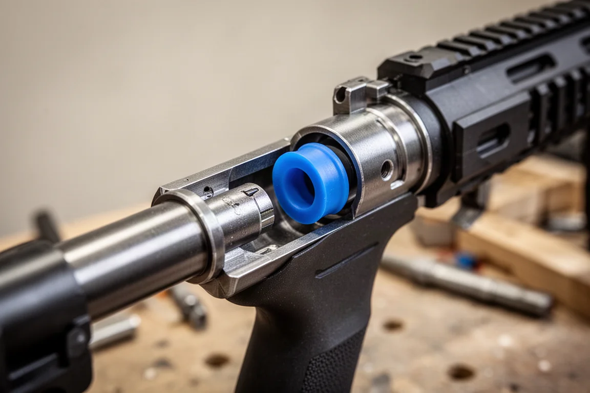 Primo piano dell'area della camera hop-up di un fucile da airsoft con un bucking blu visibile