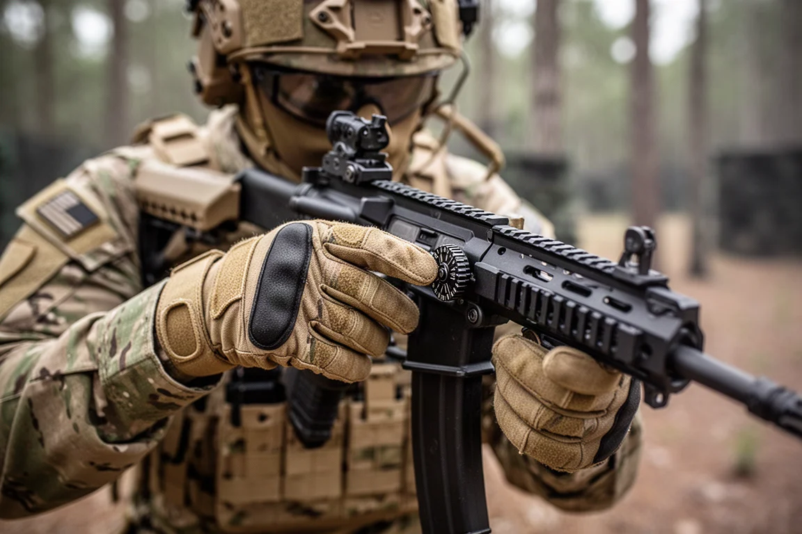 Giocatore di airsoft che regola la manopola dell'hop-up sul suo fucile in un campo all'aperto