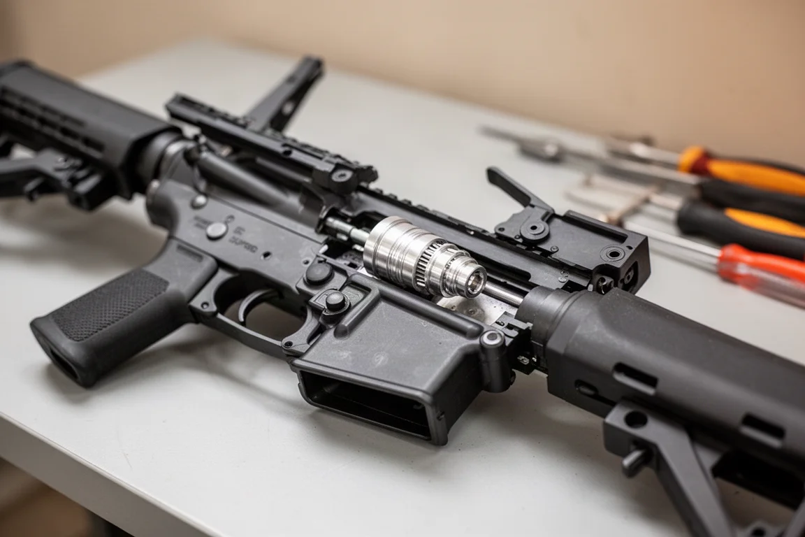 Fucile da airsoft con il ricevitore superiore rimosso che mostra la camera hop-up installata