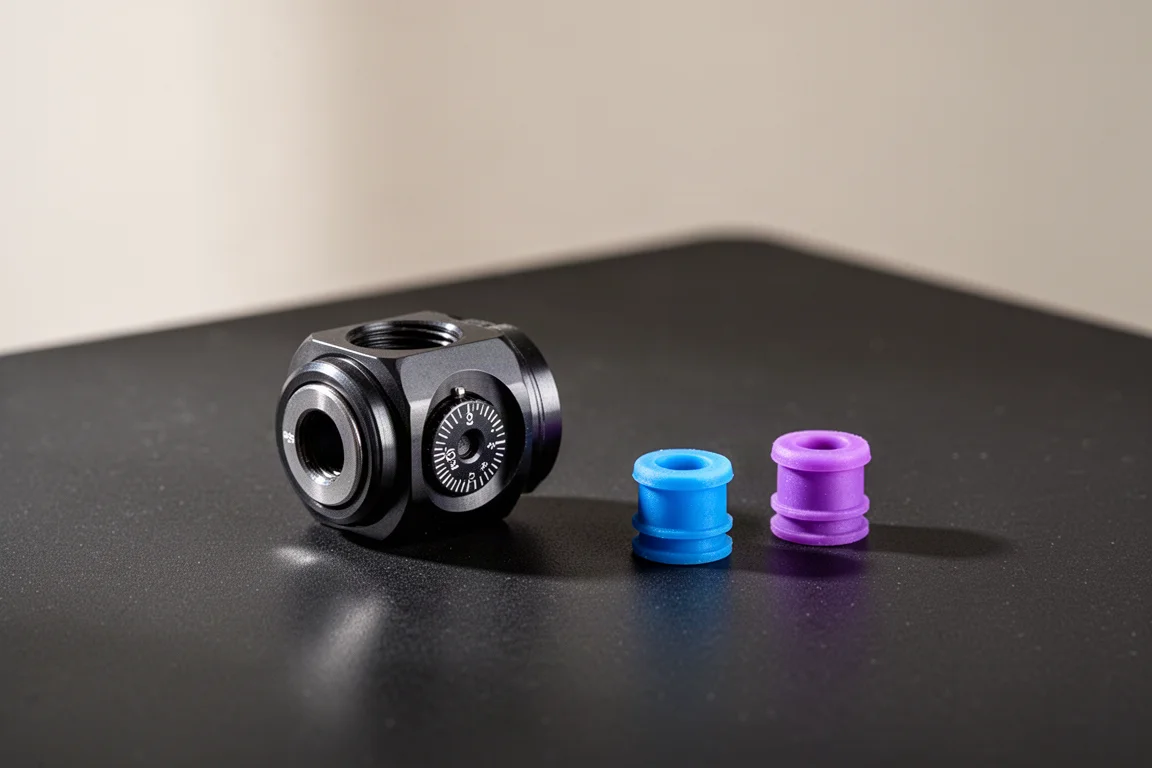 Câmara de hop-up rotativa CNC da Laylax Prometheus com buckings azul e roxo sobre uma superfície preta fosca