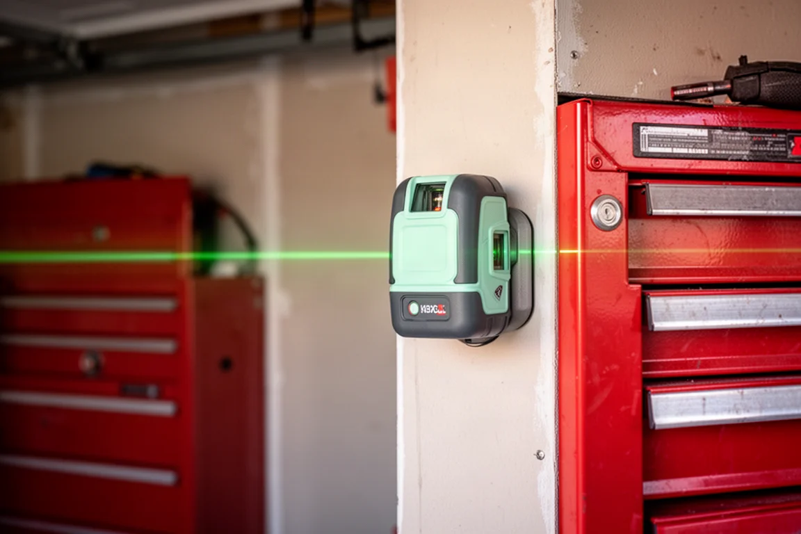 Livello laser fissato magneticamente al fianco di un mobile porta utensili in acciaio