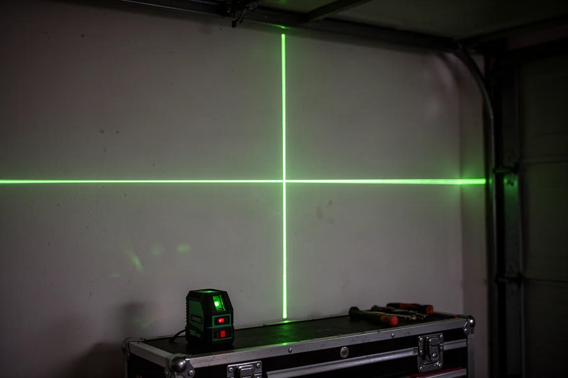 Linee laser incrociate verdi luminose proiettate su una parete di un garage in penombra