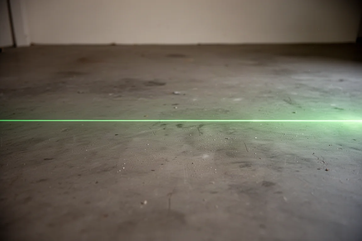 Linea laser inferiore che sfuma mentre attraversa un pavimento in calcestruzzo