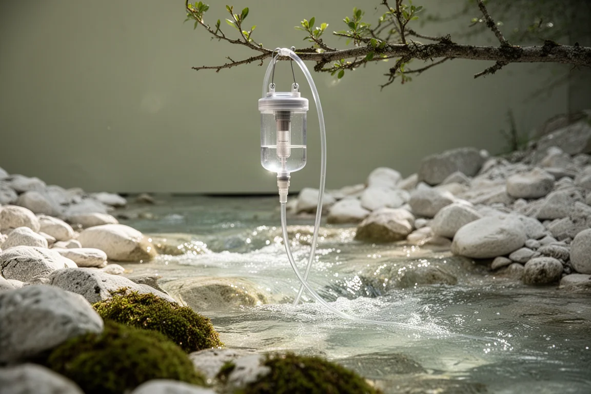 Zbliżenie węża hydracyjnego z filtrem inline poprowadzonym przez szelkę plecaka