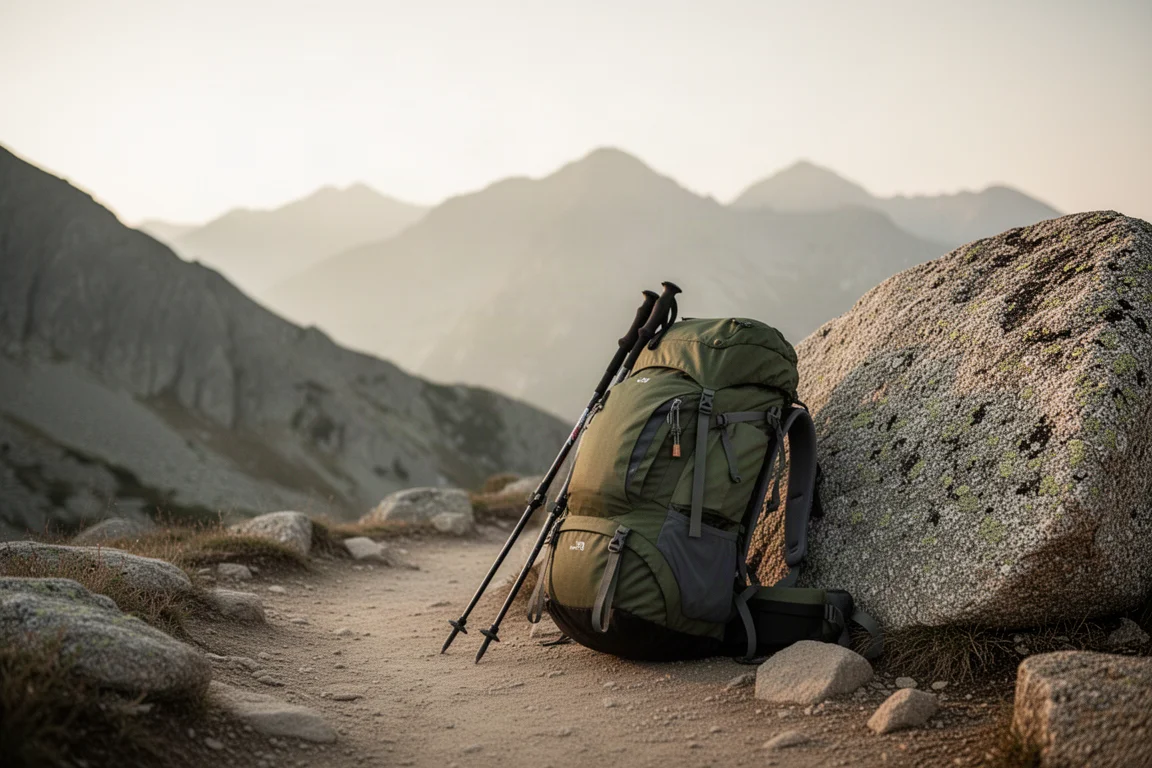 Loaded backpacking pack leaning against a granite boulder beside a mountain trail
