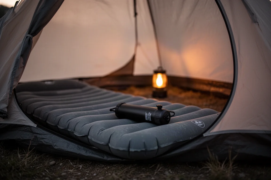 Inflatable sleeping pad and compact black air pump inside a tent at dusk