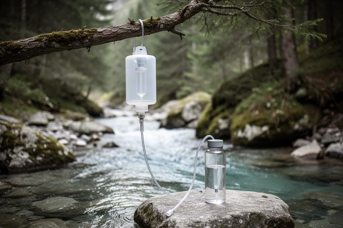 Gravity filter reservoir hanging by an alpine stream with hose and water bottle
