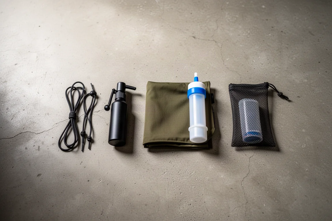 Overhead flat-lay of small hiking accessories spaced out on a concrete floor