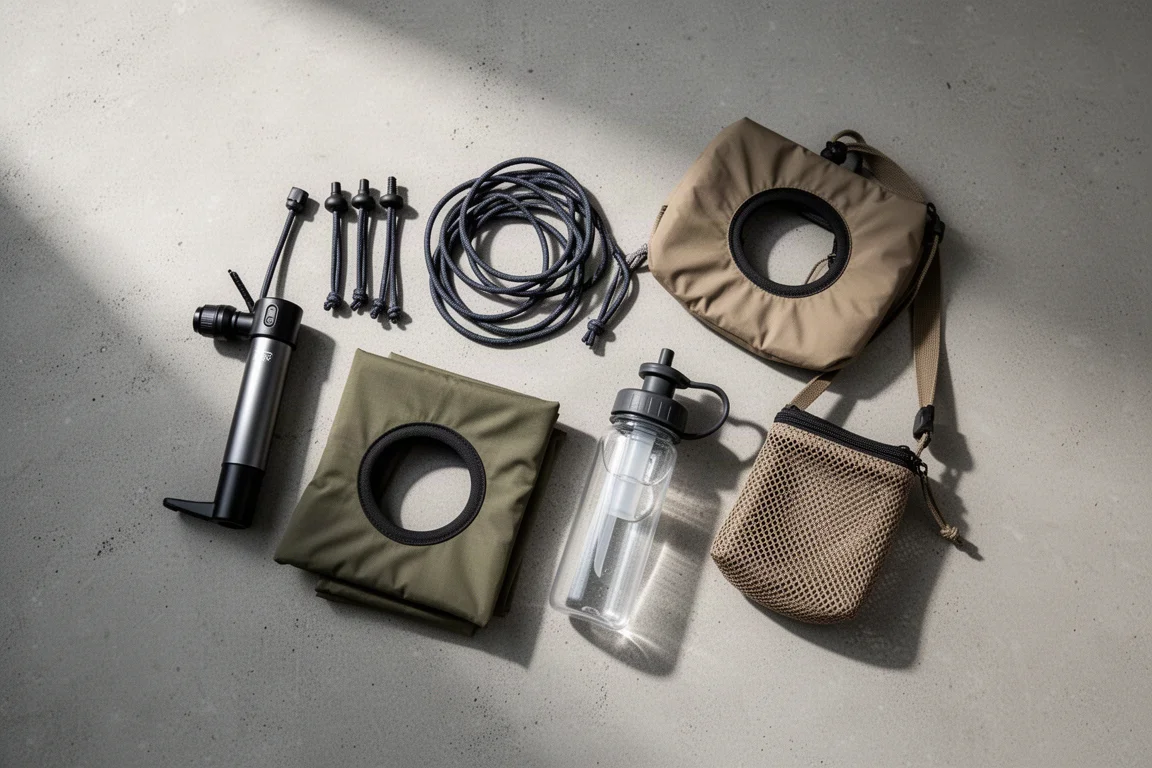 Flat-lay of backpacking accessories including pump, laces, seat and water filter