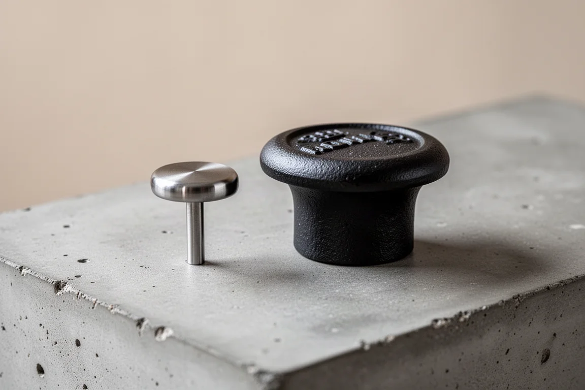 Two Dutch oven lid knobs shown close up, one steel and one black phenolic