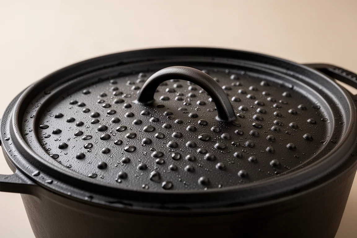 Underside of a cast iron lid showing small self-basting bumps
