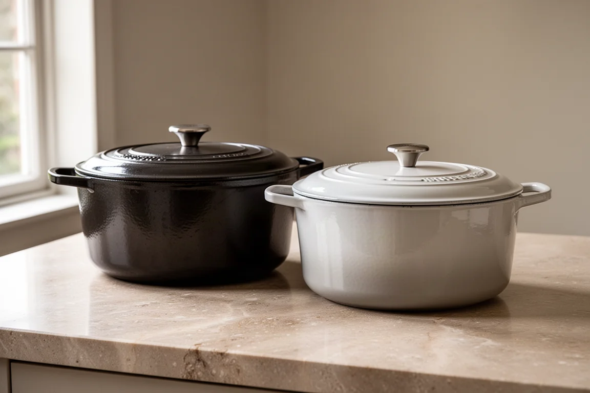 Two Dutch ovens in different enamel colors displayed on a stone counter
