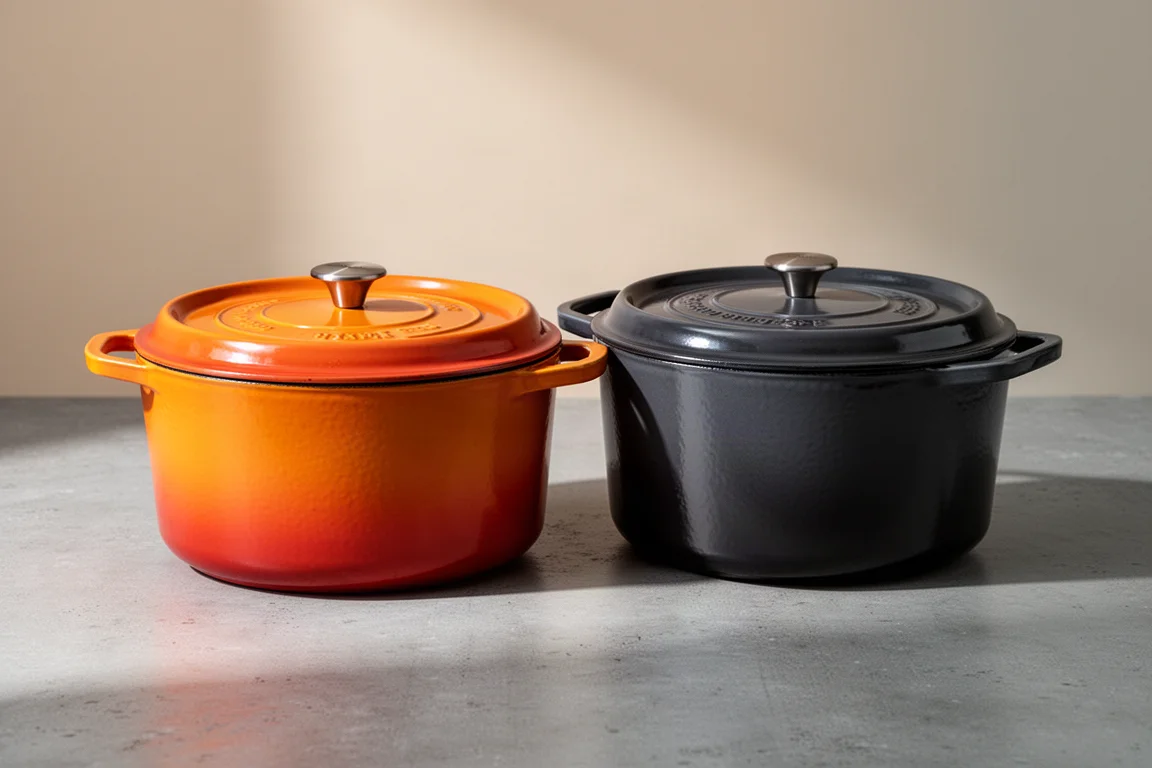Two enameled cast iron Dutch ovens side by side on a concrete surface