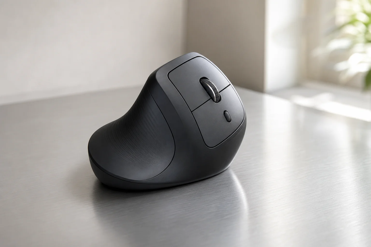 Fünf ergonomische Mäuse in verschiedenen Ausführungen auf einer Betonoberfläche angeordnet