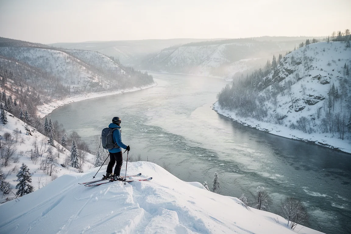 Skier looking out over a wide river valley from a snowy summit
