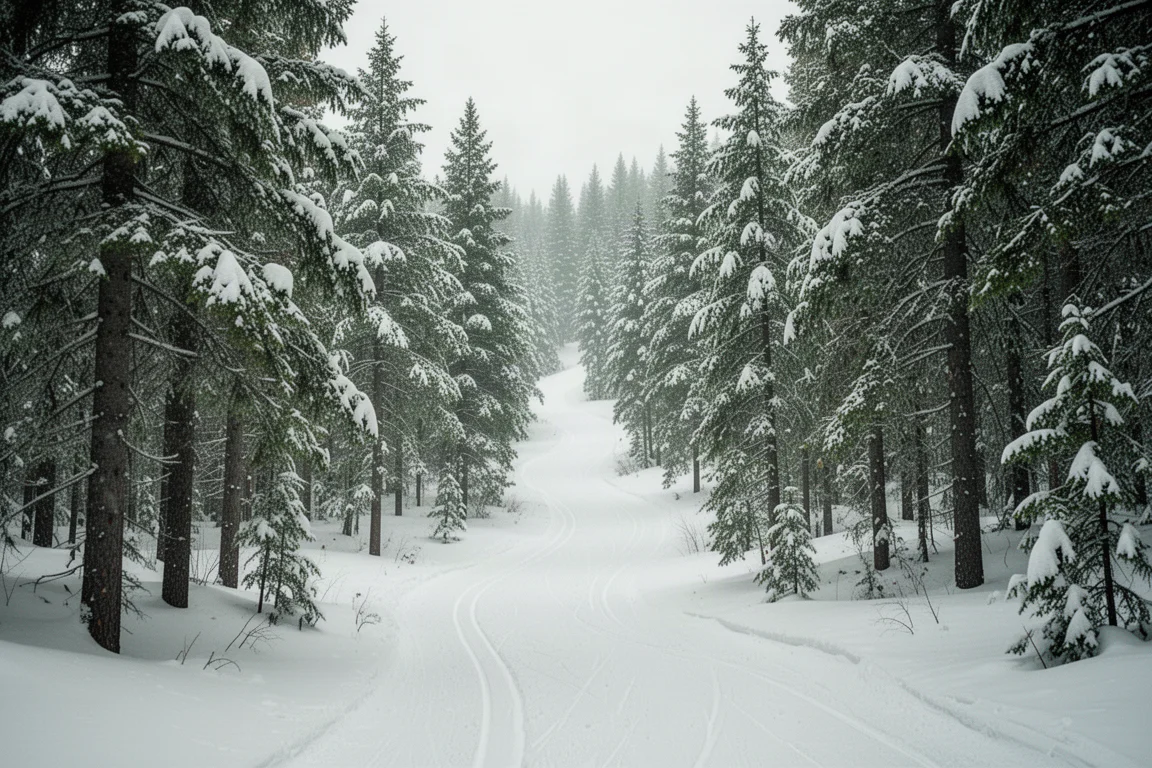 Marked glade run through dense snow-covered trees
