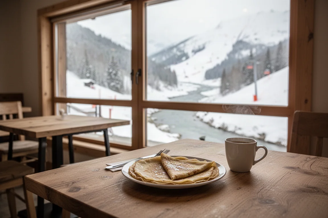 Cozy summit lodge interior with food and mountain views