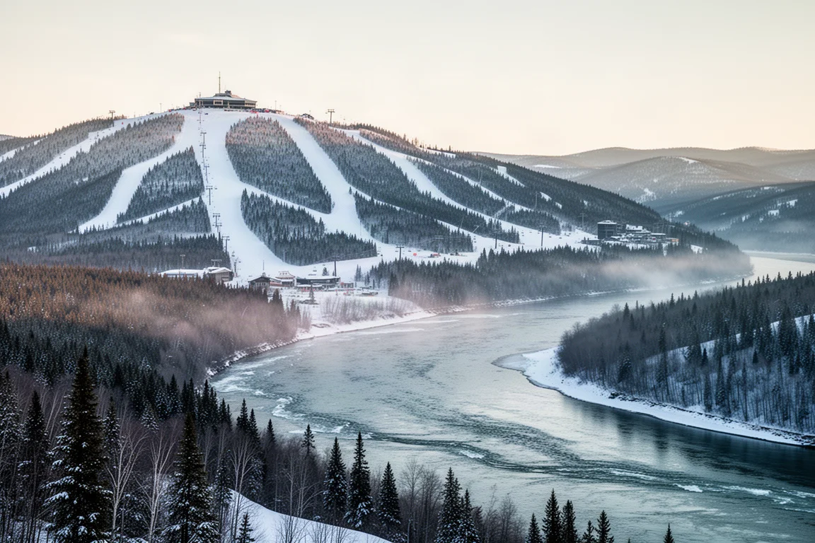 Panoramic view of a snow-covered riverside ski resort in soft morning light