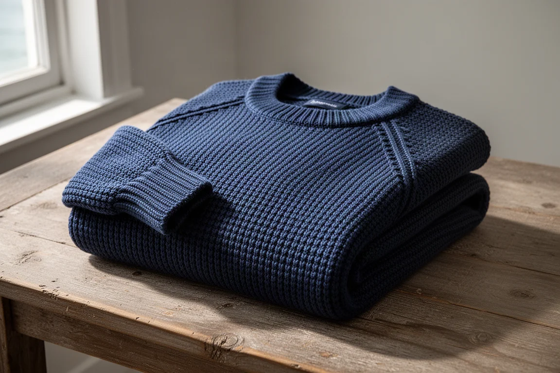 Maglione Guernsey di lana blu piegato su una superficie di legno consumata