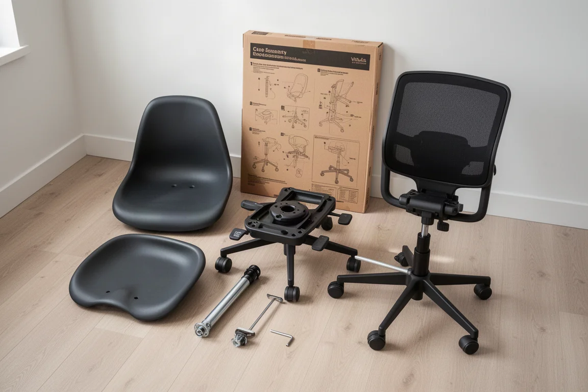 Ergonomic chair parts laid out with a cardboard assembly guide and a hex key