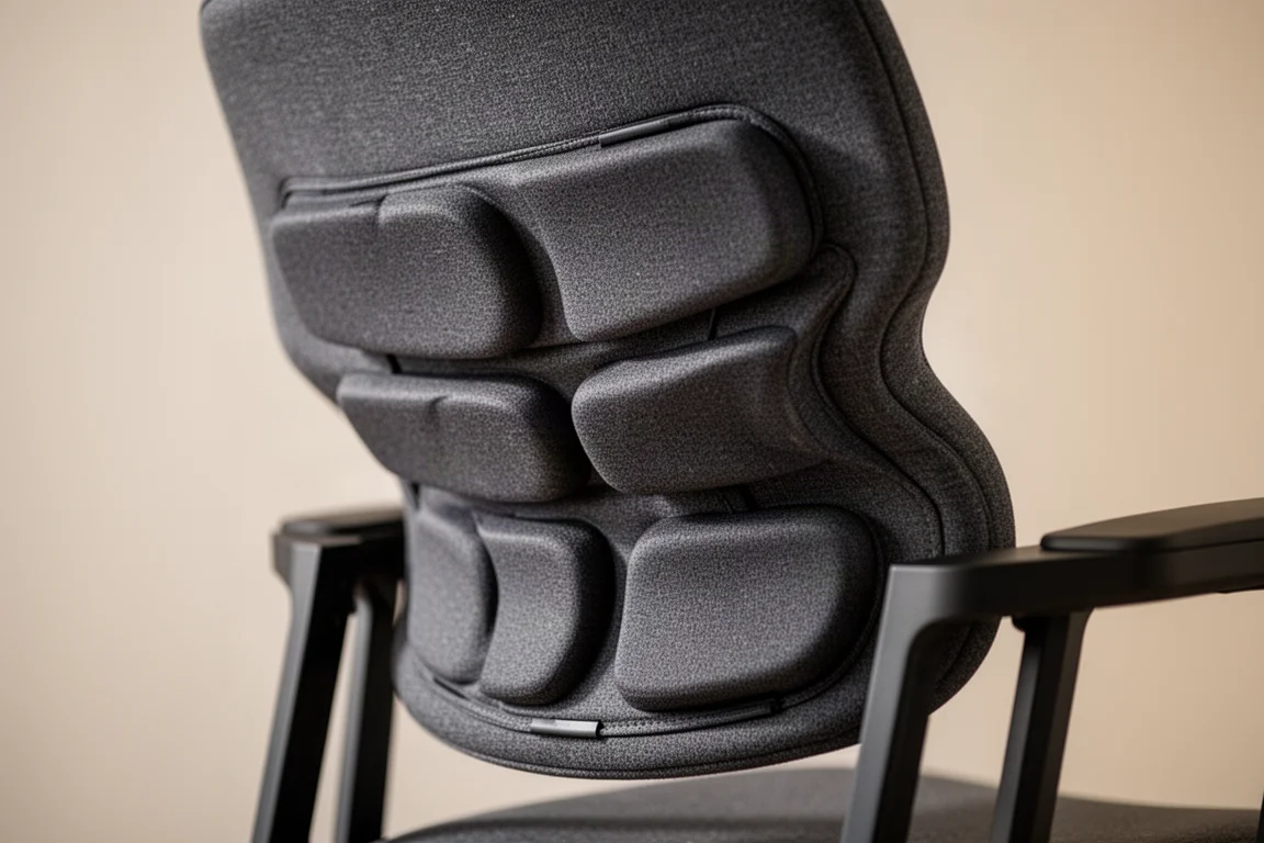 Close-up of a flexible fabric chair backrest that flexes to follow body movement