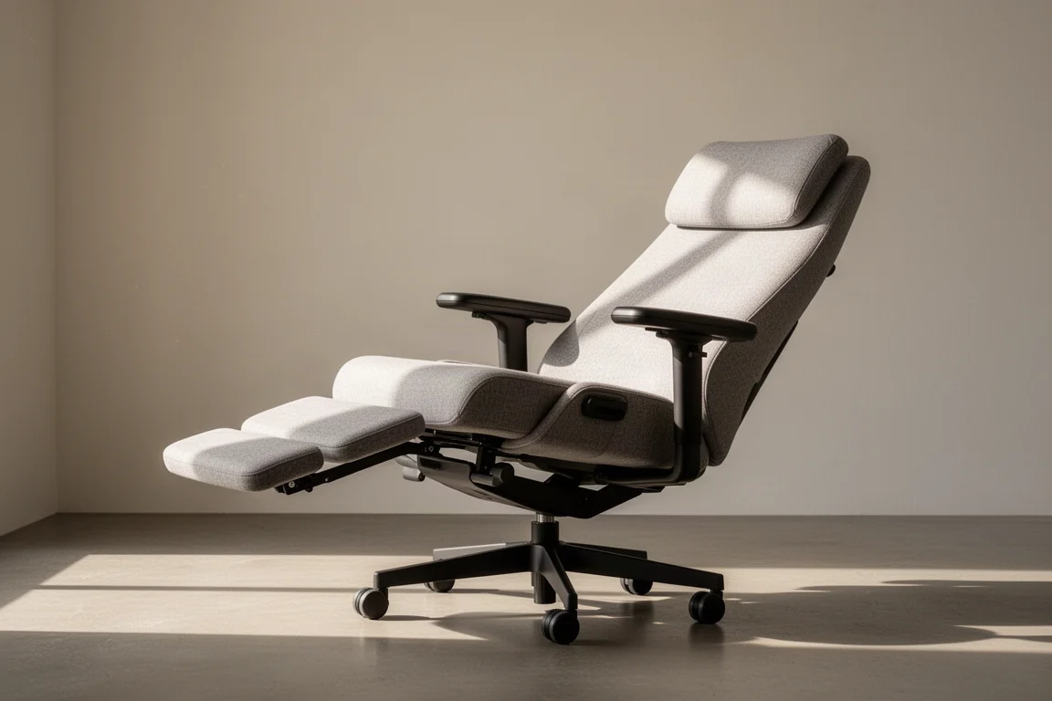 Person reclining deeply in an office chair with the footrest extended