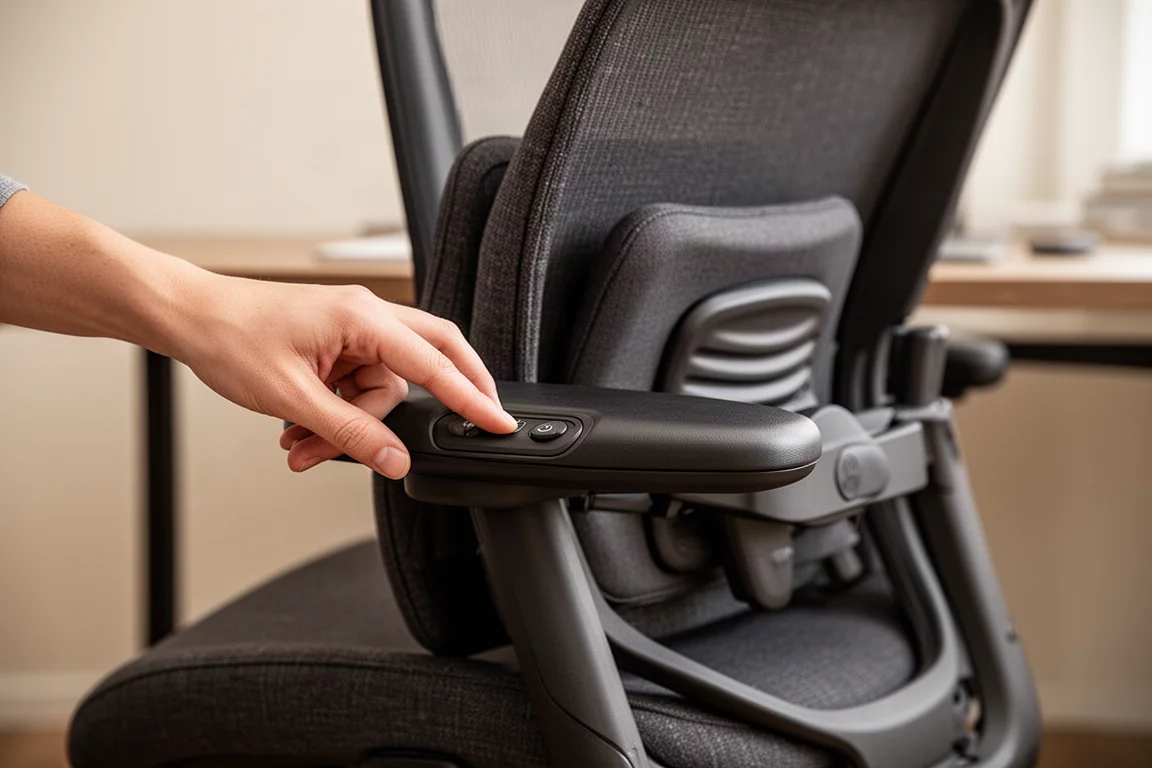 Adjusting lumbar support with a button on the chair's armrest
