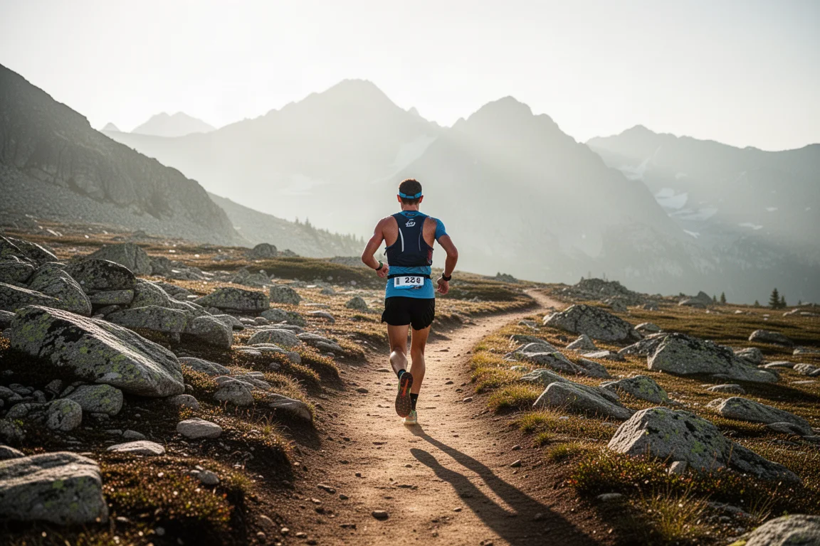 Trailrunner auf einem hochalpinen Felspfad in den Rocky Mountains im Morgenlicht